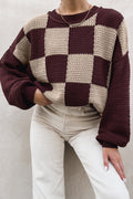 Brown Checkered Pattern Knit Loose Pullover Sweater Online Only