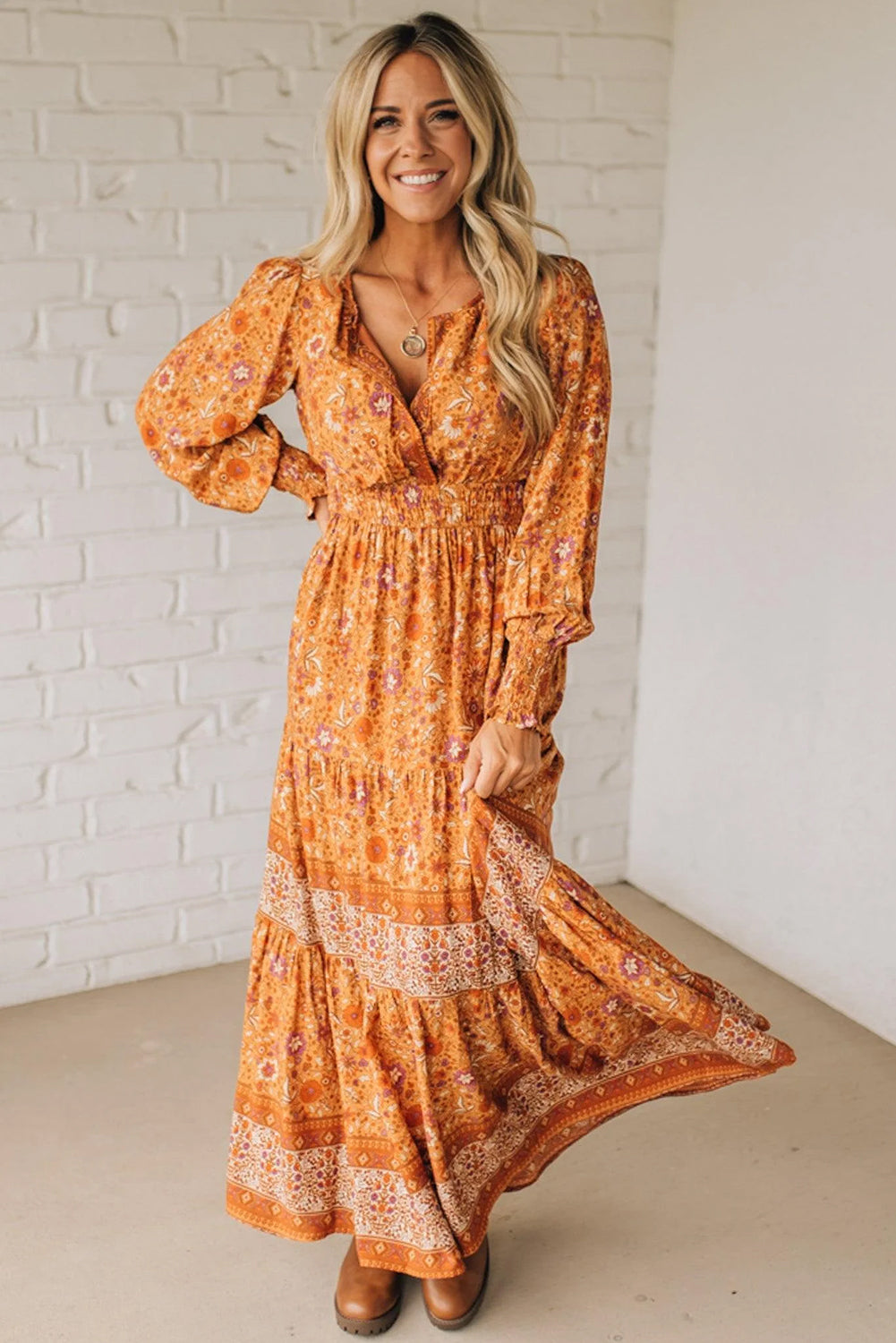 Orange Floral Print Smocked Waist Long Sleeve Boho Maxi Dress Online Only
