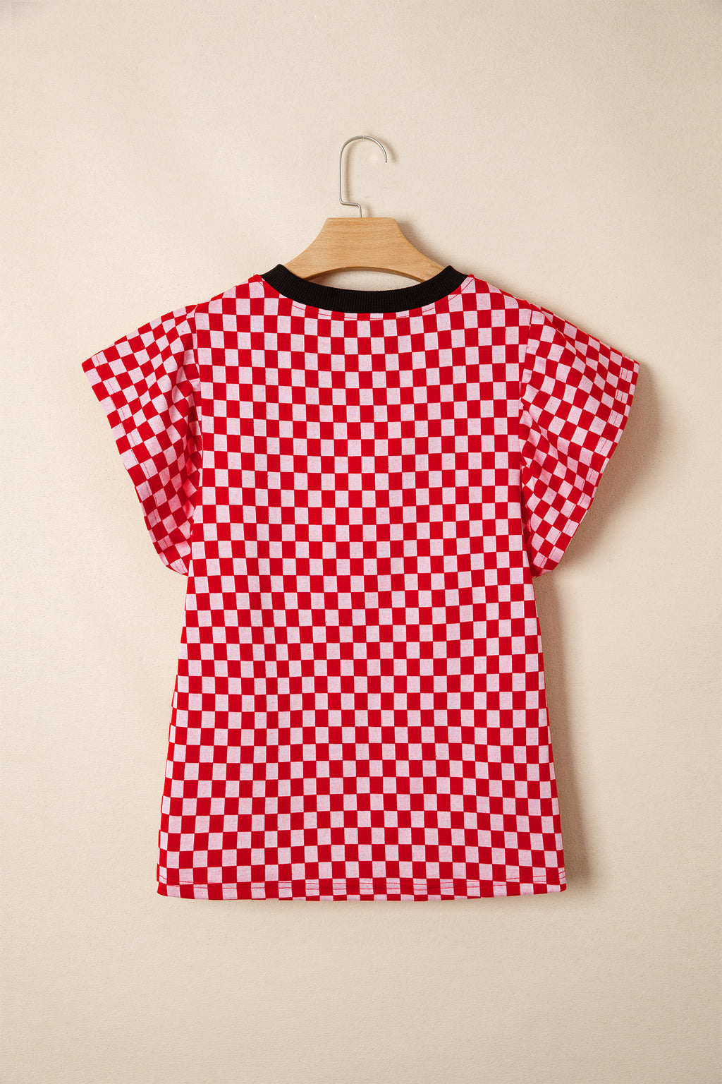 Red Checkered Print Ruffle Short Sleeve Contrast Trim Round Neck Top Online Only