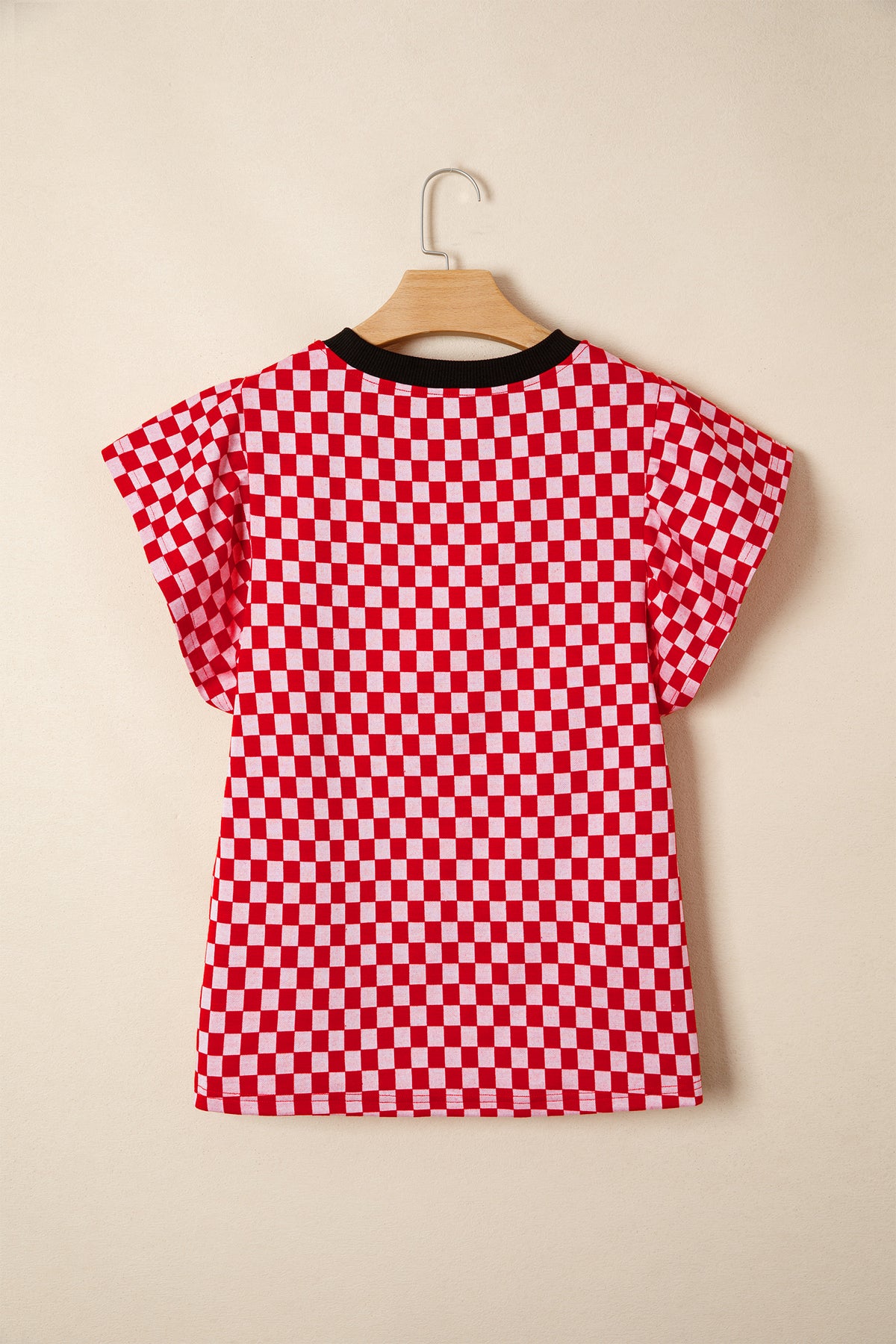 Red Checkered Print Ruffle Short Sleeve Contrast Trim Round Neck Top Online Only