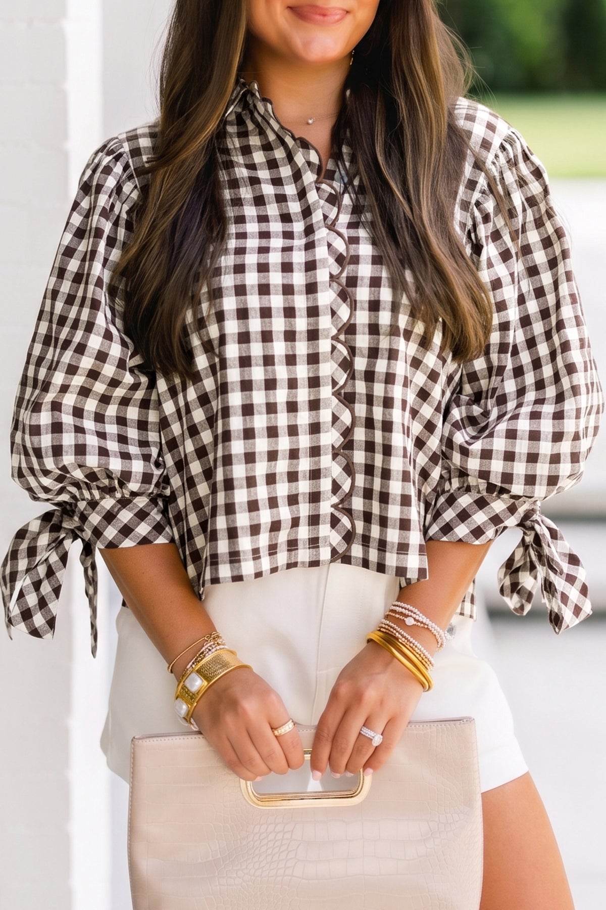Brown Plaid Knot Half Sleeve Button Down Shirt Online Only