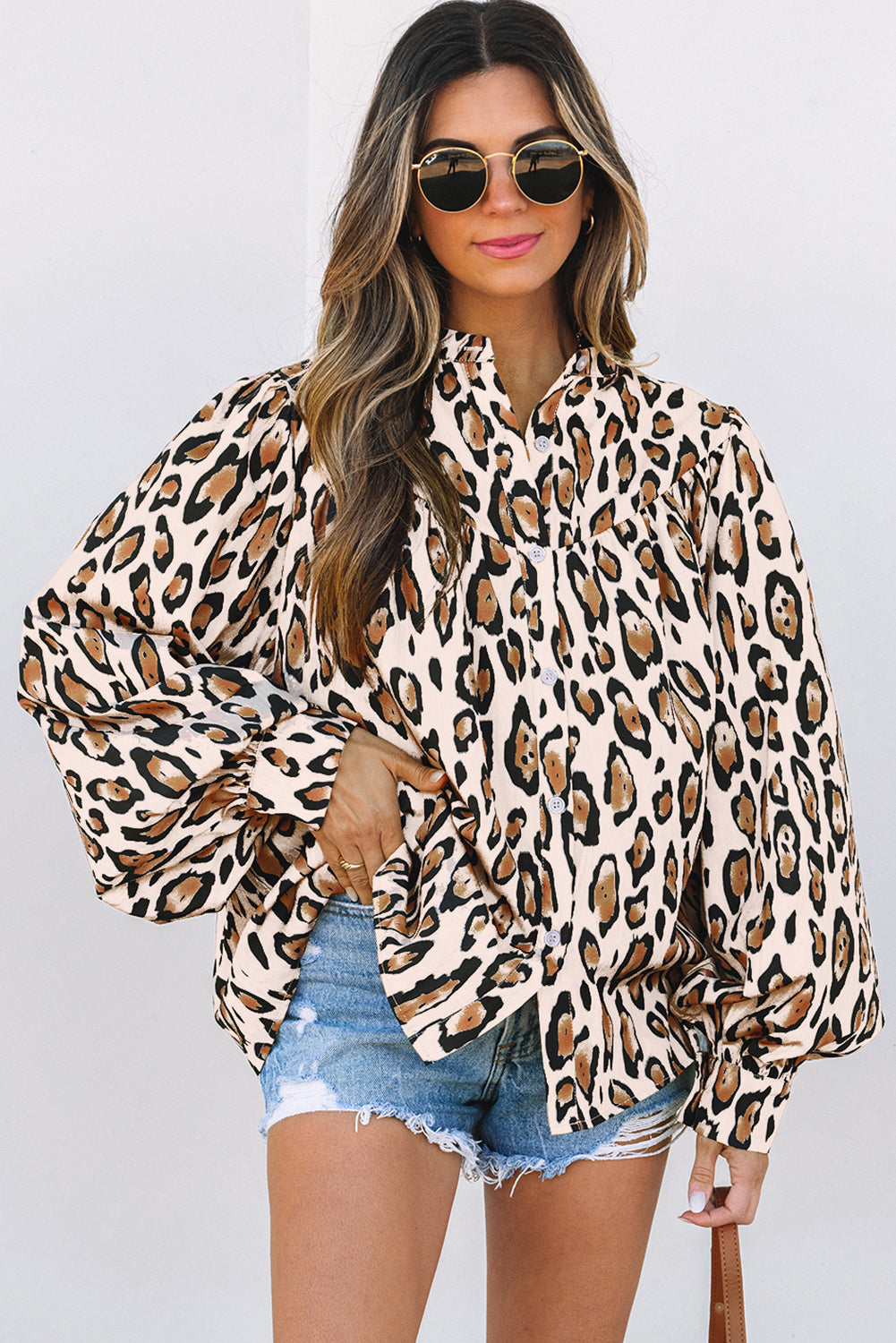 Jet Stream Oversized Leopard Print Balloon Sleeve Casual Shirt Online Only
