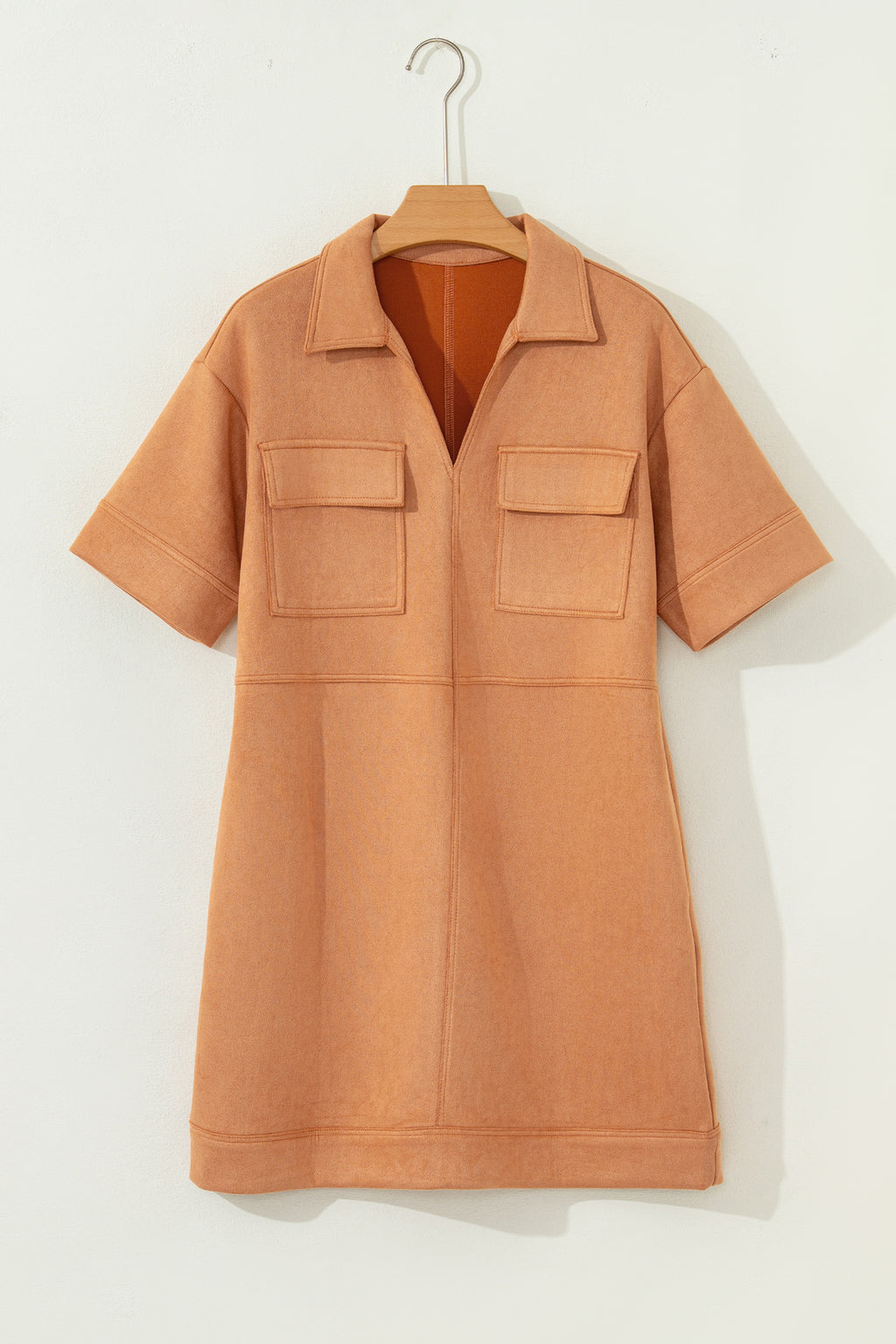 Thai Curry Collared V Neck Faux Suede Short Sleeve Shift Mini Dress Online Only
