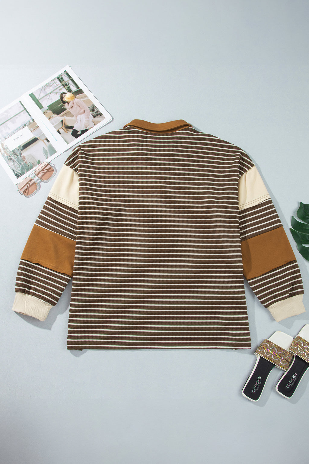 Brown Stripe Colorblock Detail Collar V Neck Plus Size Long Sleeve Top Online Only