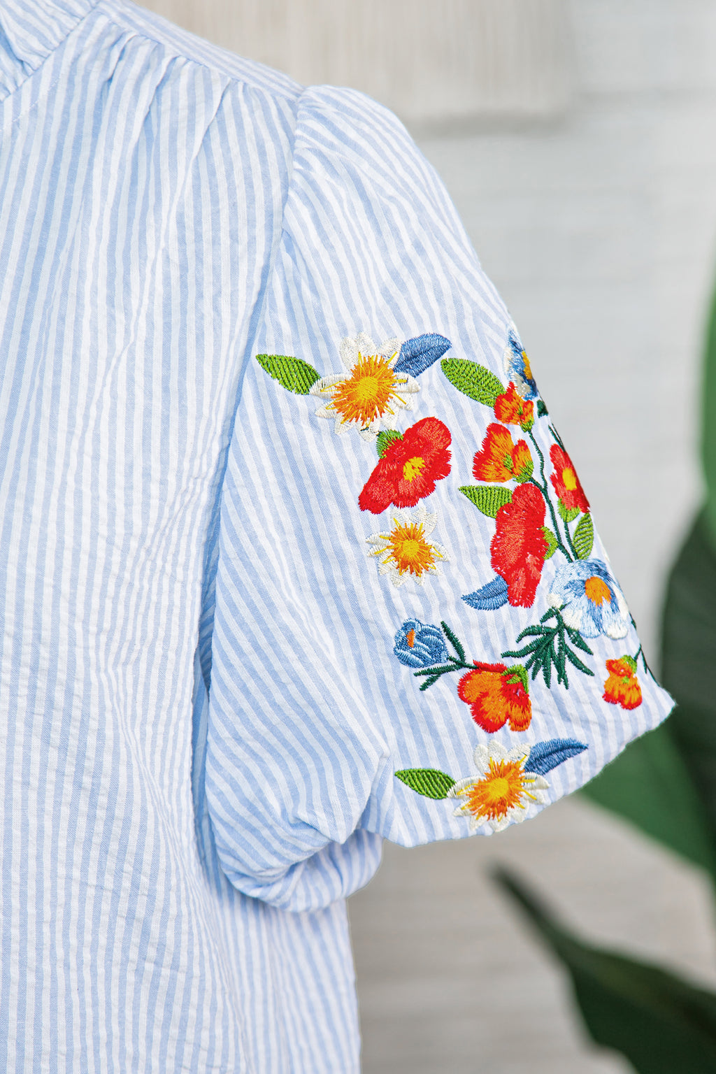 Sky Blue Stripe Floral Embroidered Puff Sleeve Ruffle Trim Shirt Online Only