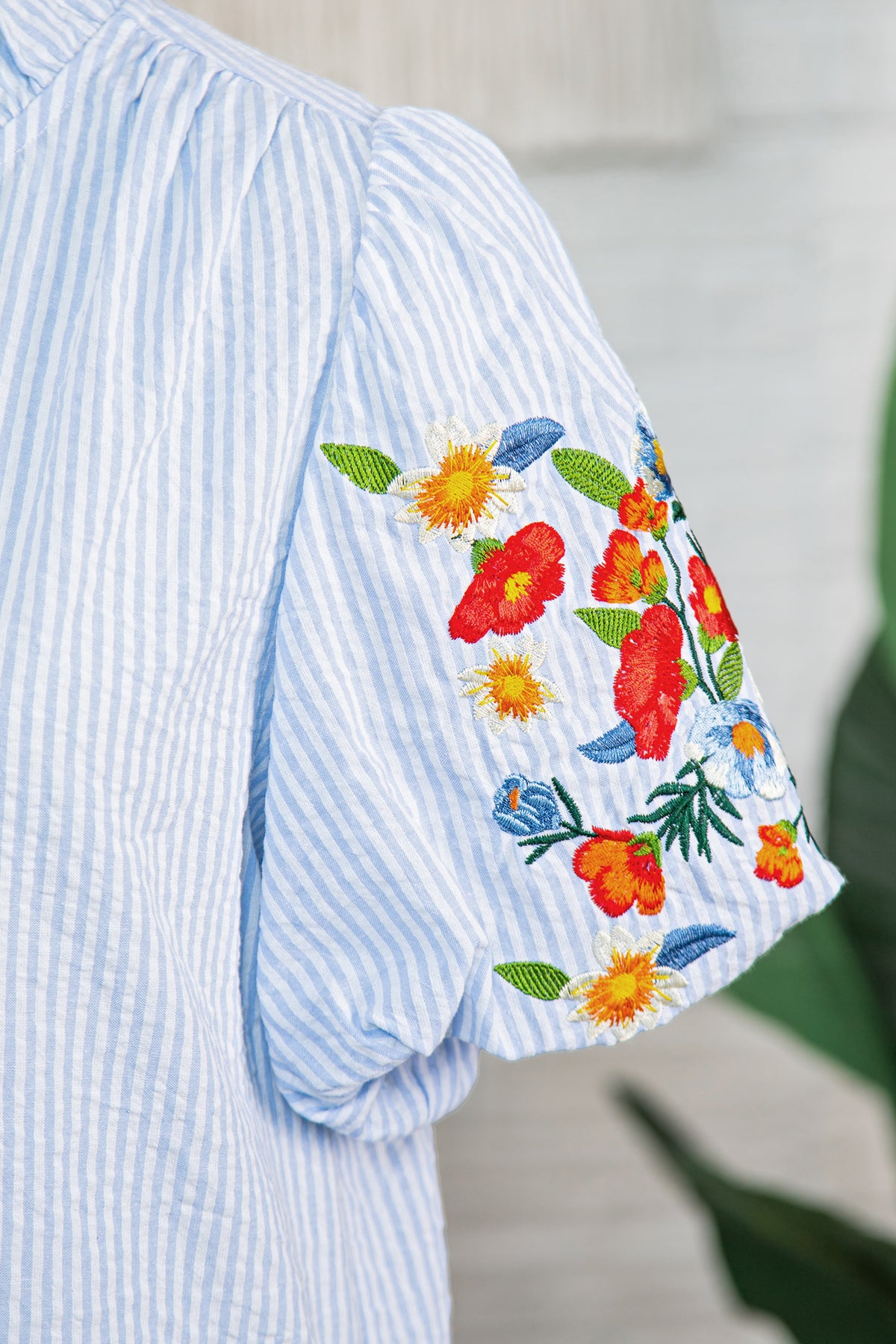 Sky Blue Stripe Floral Embroidered Puff Sleeve Ruffle Trim Shirt Online Only