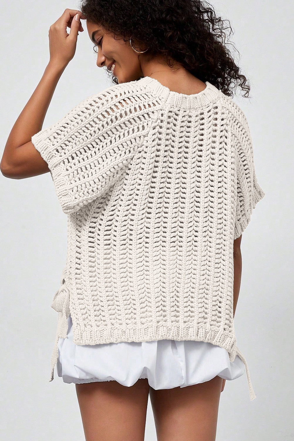 Apricot Plus Size Open Knit Bow Tie Short Sleeve Sweater Online Only