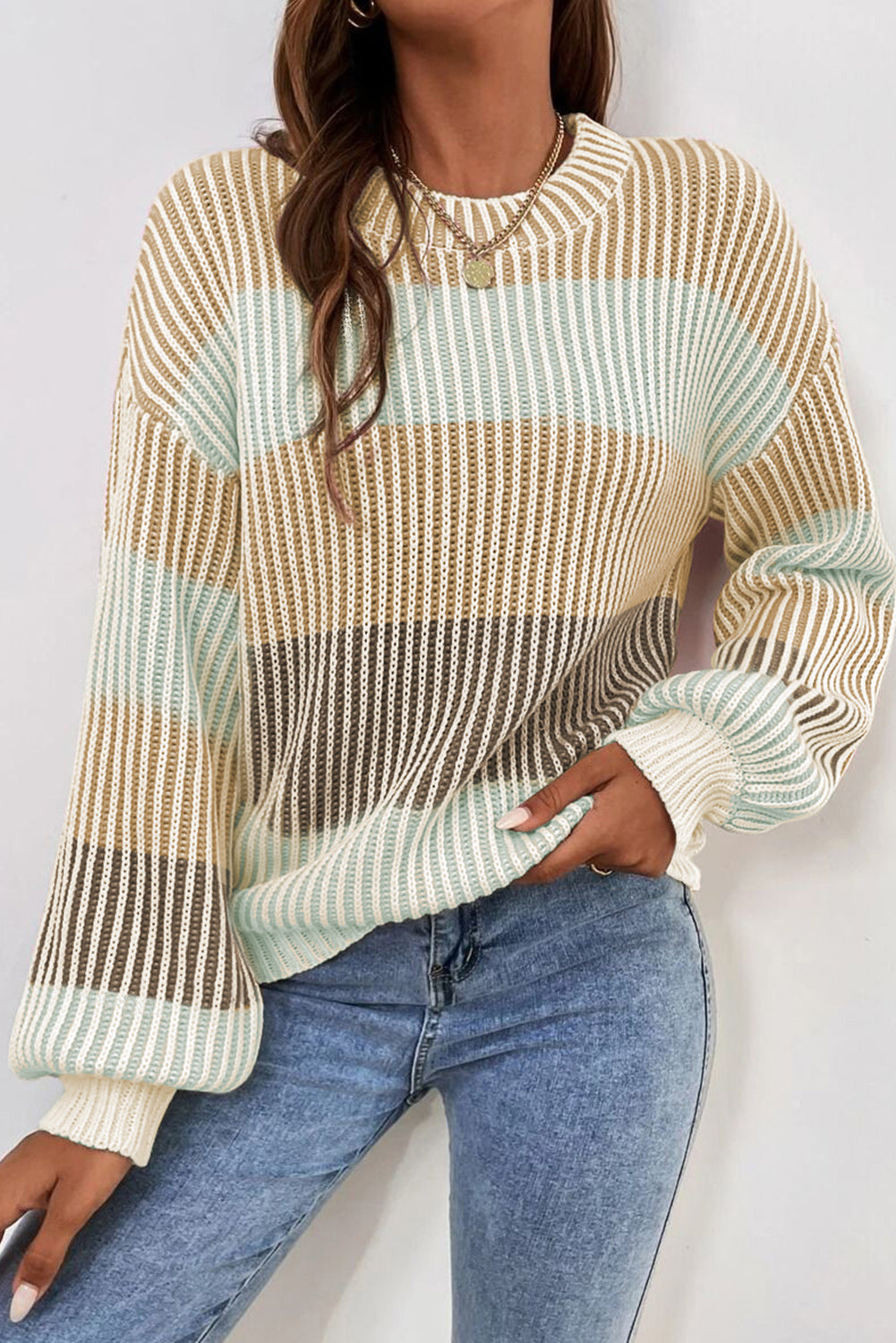 Pink Colorblock Textured Knit Bubble Sleeve Sweater Online Only