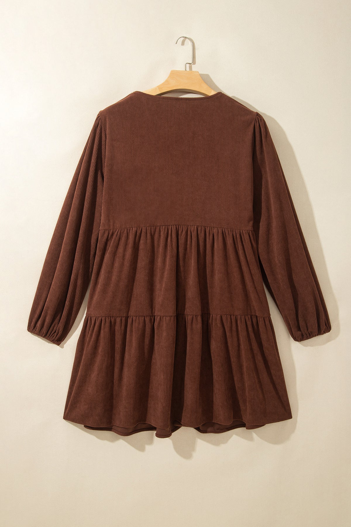 Coffee Winter Corduroy V Neck Long Sleeve Plus Size Mini Dress Online Only