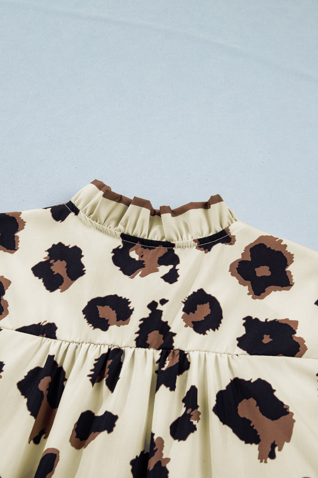 Khaki Plus Size Leopard Print Frilled Color Block Trim Button Down Short Sleeve Blouse Online Only