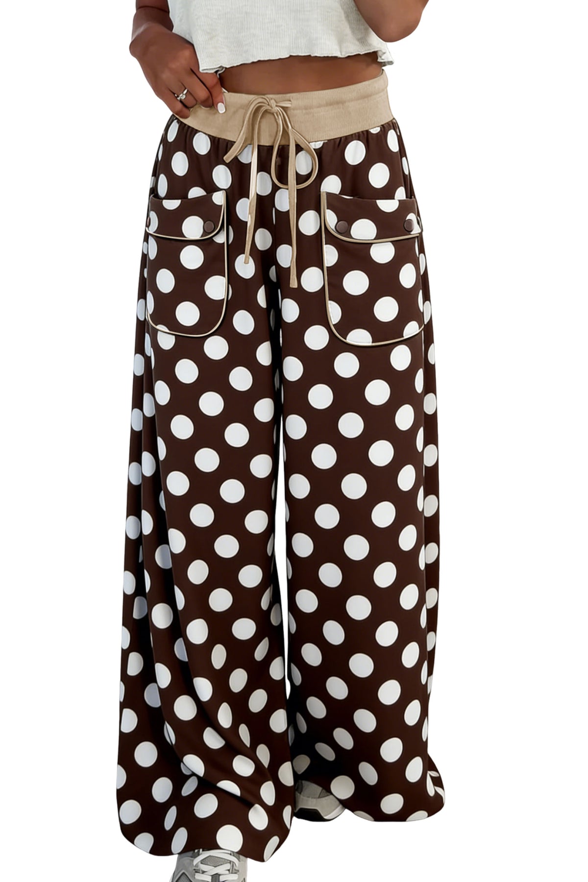 Khaki Polka Dot Drawstring Pocket Wide Leg Pants Online Only