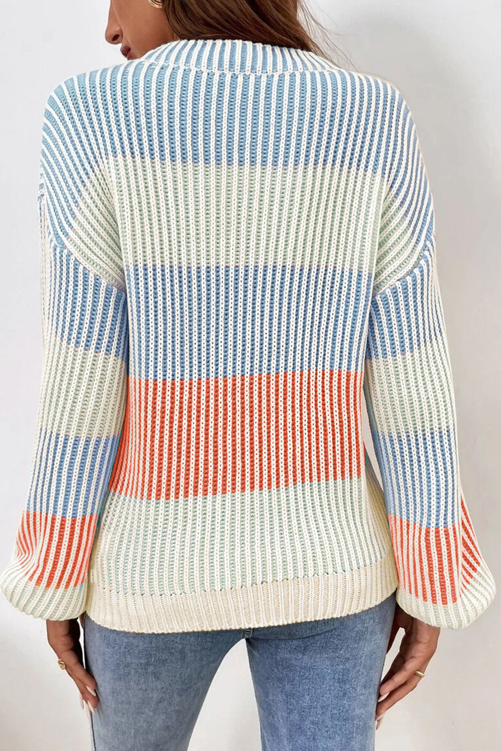 Pink Colorblock Textured Knit Bubble Sleeve Sweater Online Only