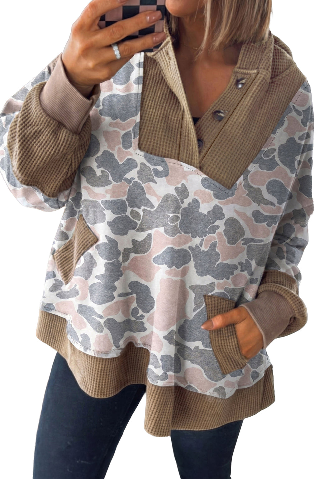 Khaki Camouflage Print Waffle Knit Patchwork Half Zip Plus Size Hoodie Online Only