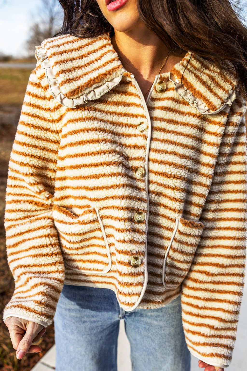 Brown Stripe Striped Fleece Button Front Long Sleeve Regular Fit Jacket Online Only