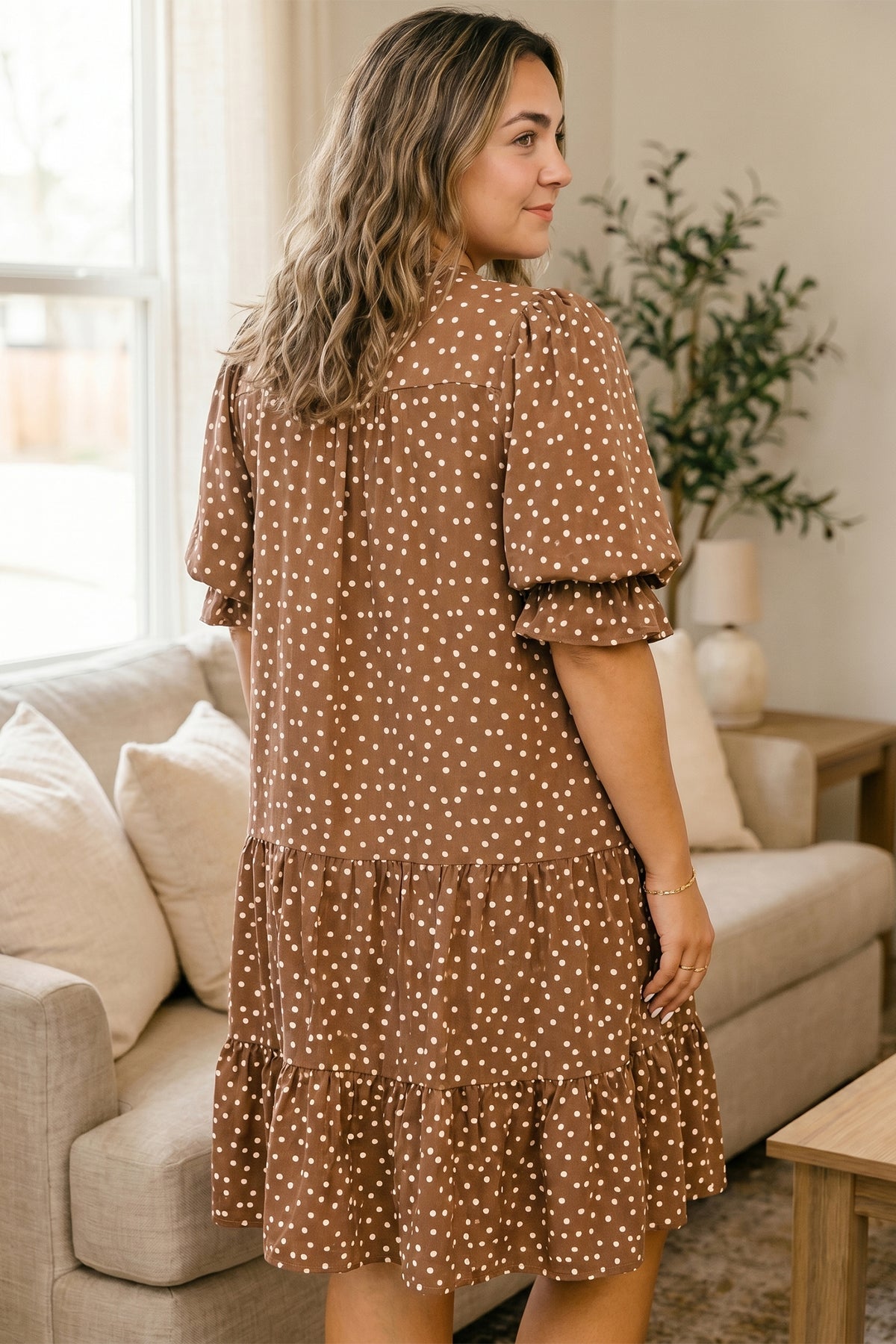 Brown V Neck Polka Dot Long Sleeve Shift Plus Size Dress Online Only