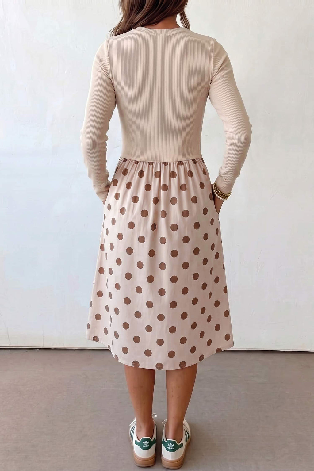 Beige Polka Dot Midi Long Sleeve Dress Online Only