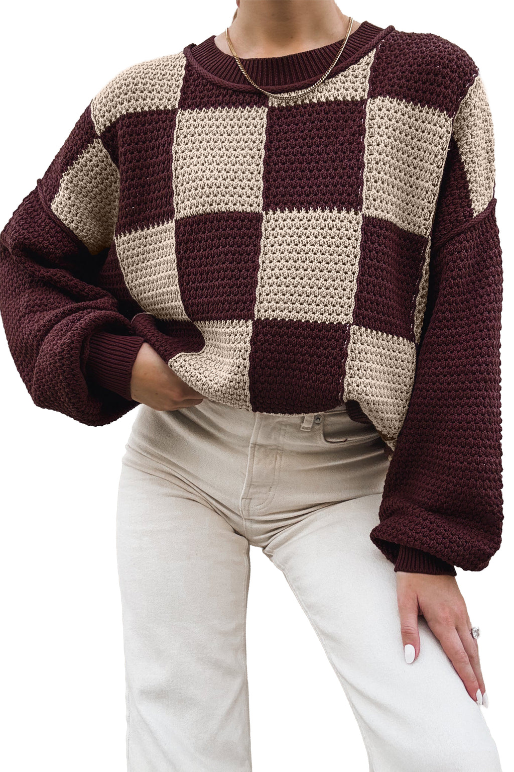 Brown Checkered Pattern Knit Loose Pullover Sweater Online Only