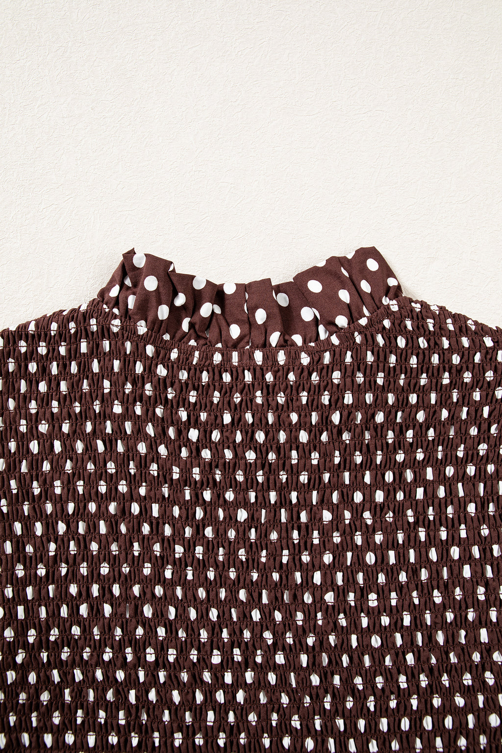 Brown Polka Dot Ruffled High Neck Shirred Ruffle Hem Blouse Online Only