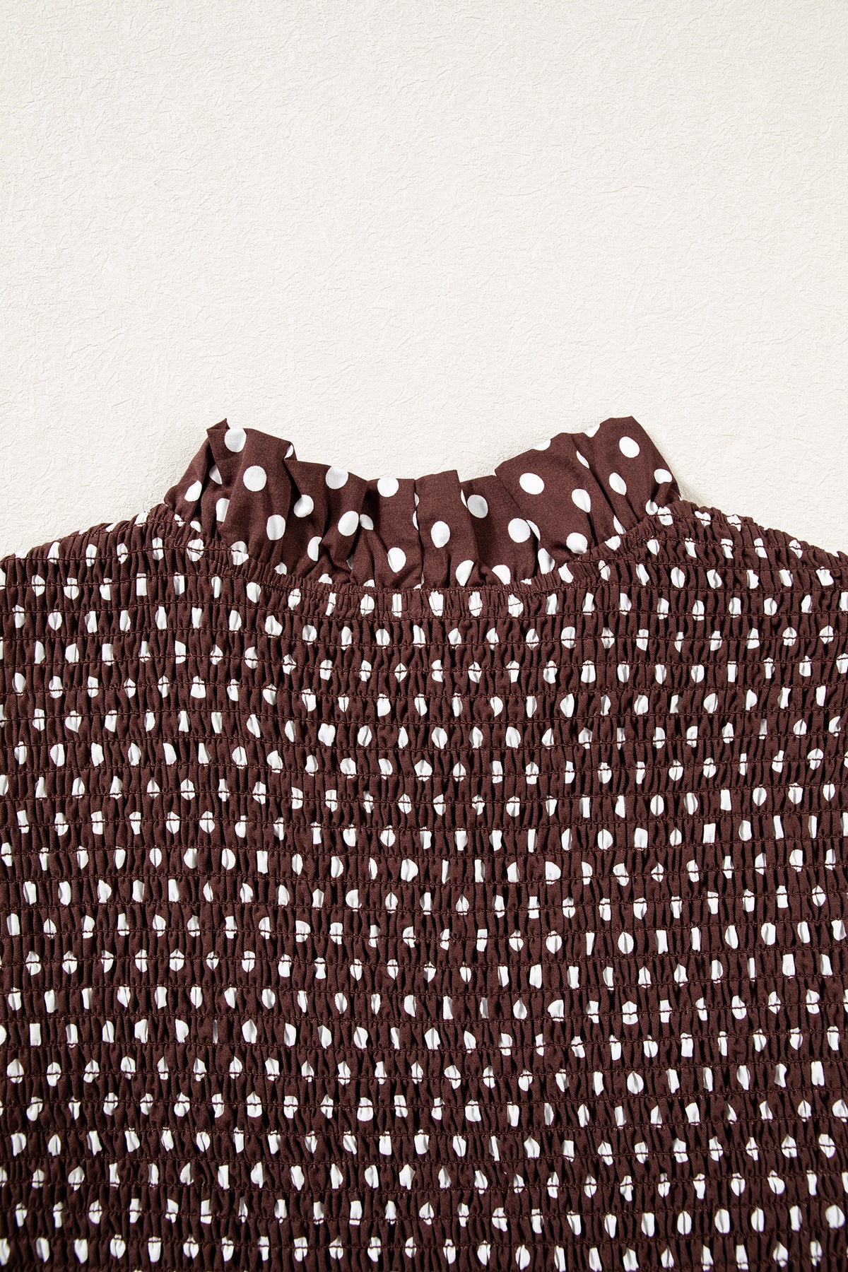 Brown Polka Dot Ruffled High Neck Shirred Ruffle Hem Blouse Online Only