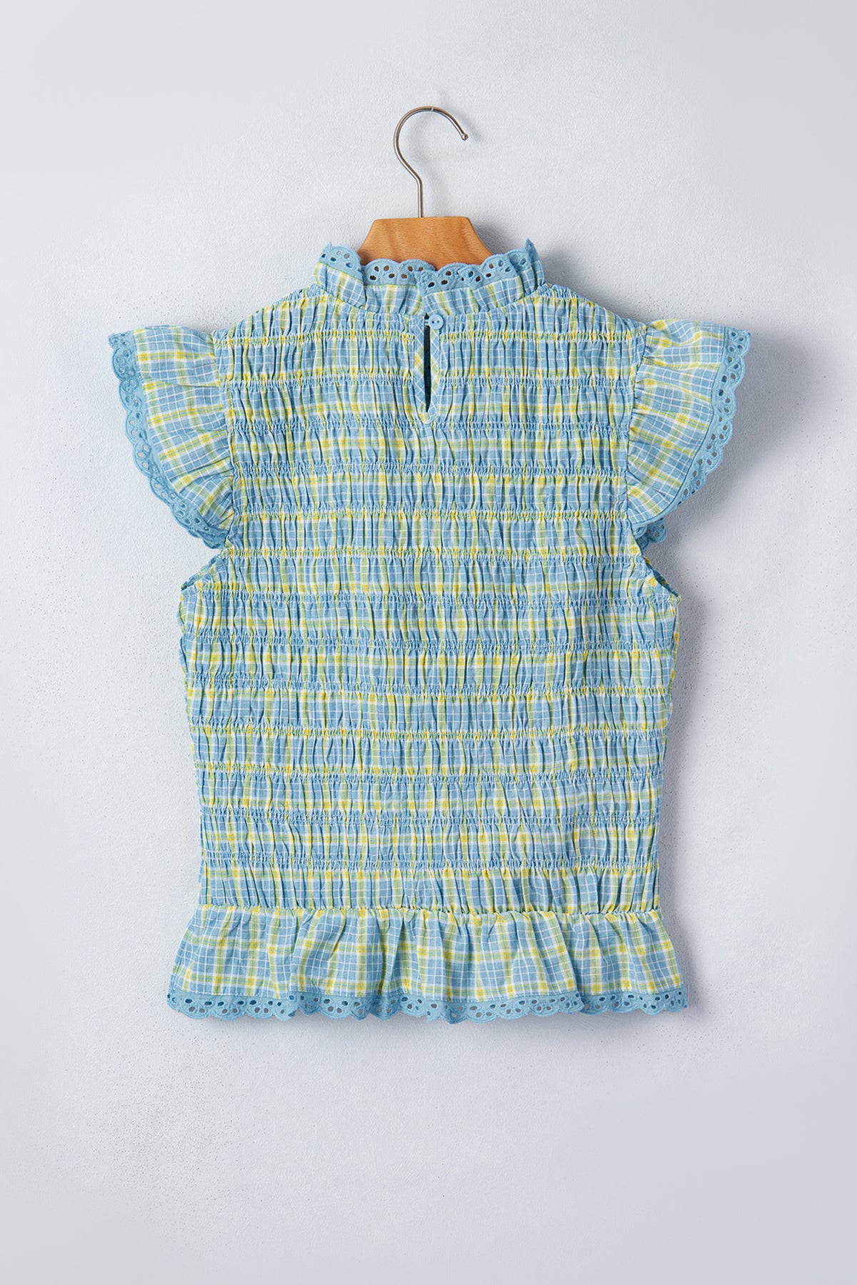 Multicolour Gingham Smoked Lace Trim Tank Top Online Only