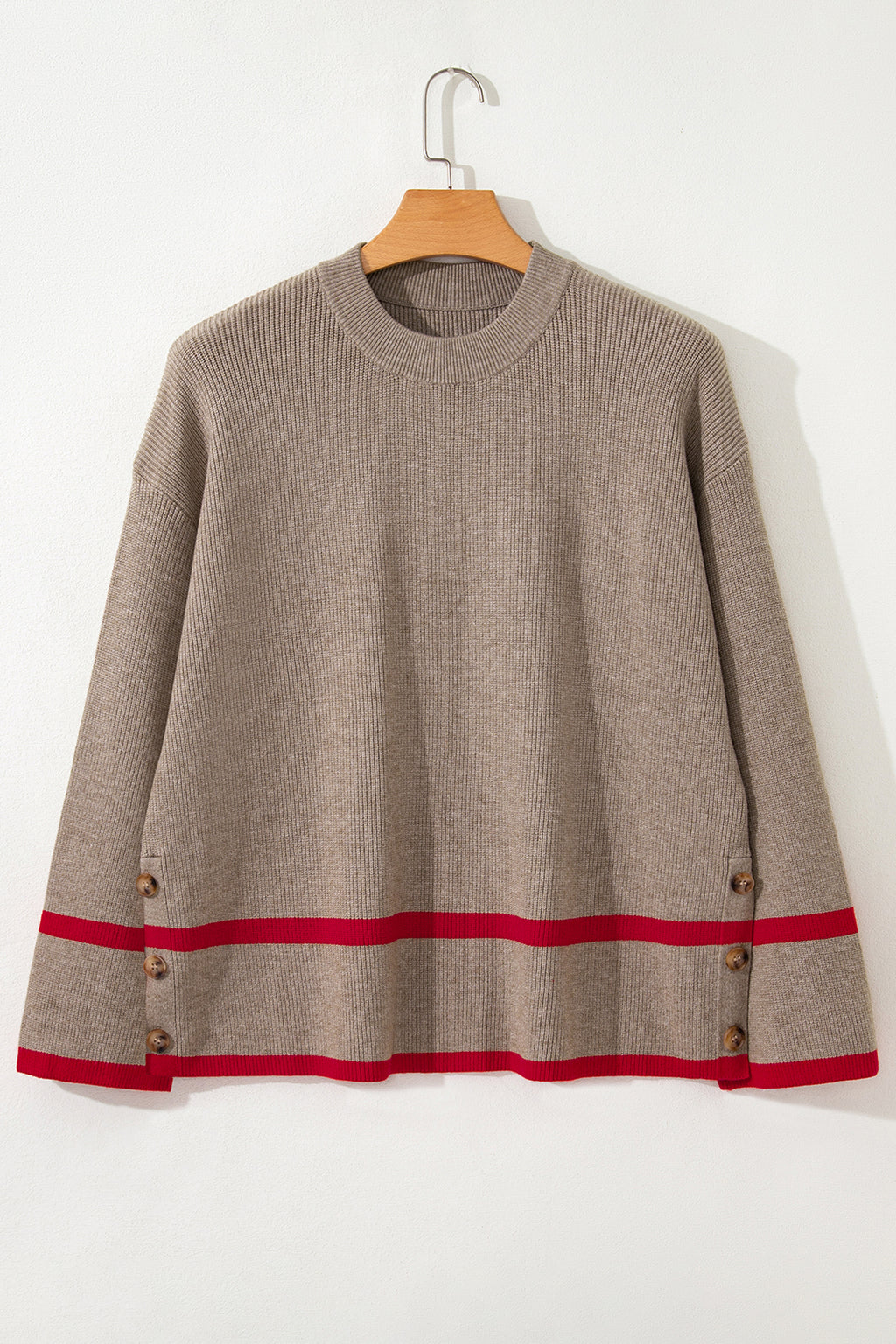 Simply Taupe Ribbed Knit Contrasted Stripe Detail Button Side Loose Sweater Online Only