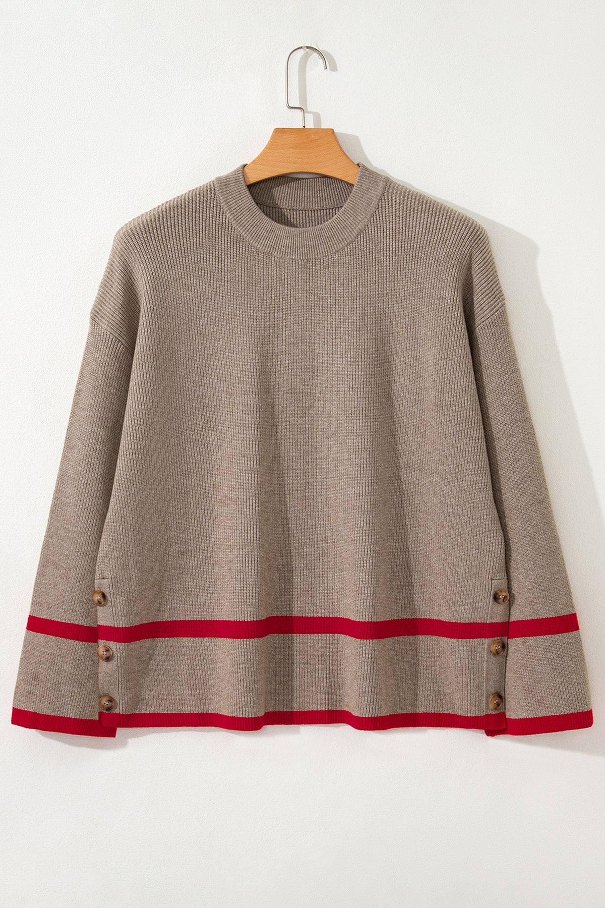Simply Taupe Ribbed Knit Contrasted Stripe Detail Button Side Loose Sweater Online Only