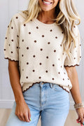 Beige Casual Polka Dot Short Sleeve Round Neck Shift Sweater Online Only