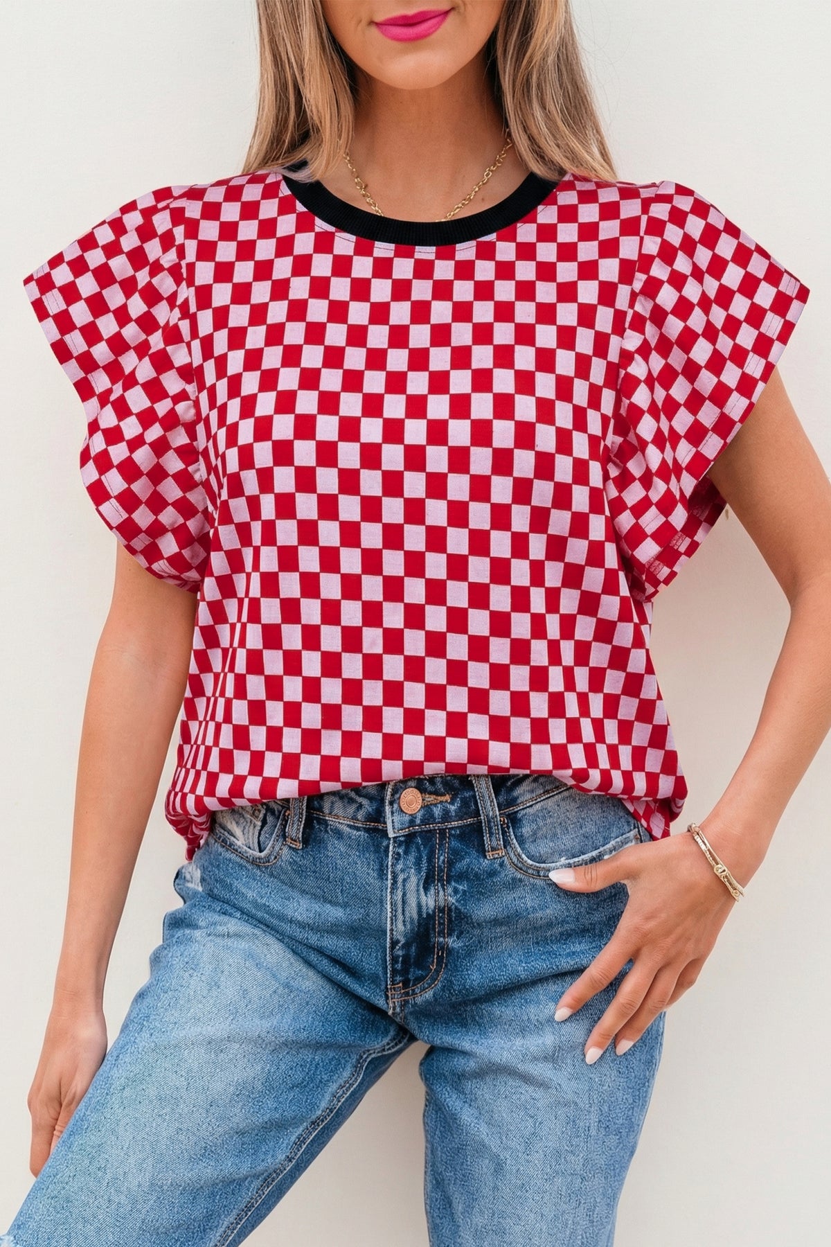 Red Checkered Print Ruffle Short Sleeve Contrast Trim Round Neck Top Online Only