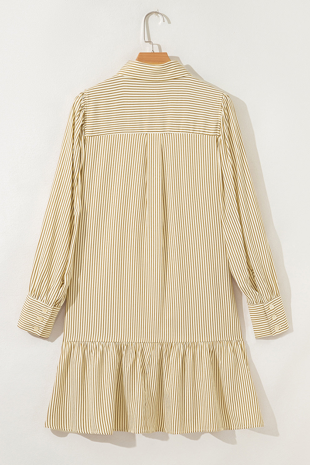 Brown Stripe Collared Neck Cuffed Long Sleeve Drop Waist Mini Dress Online Only