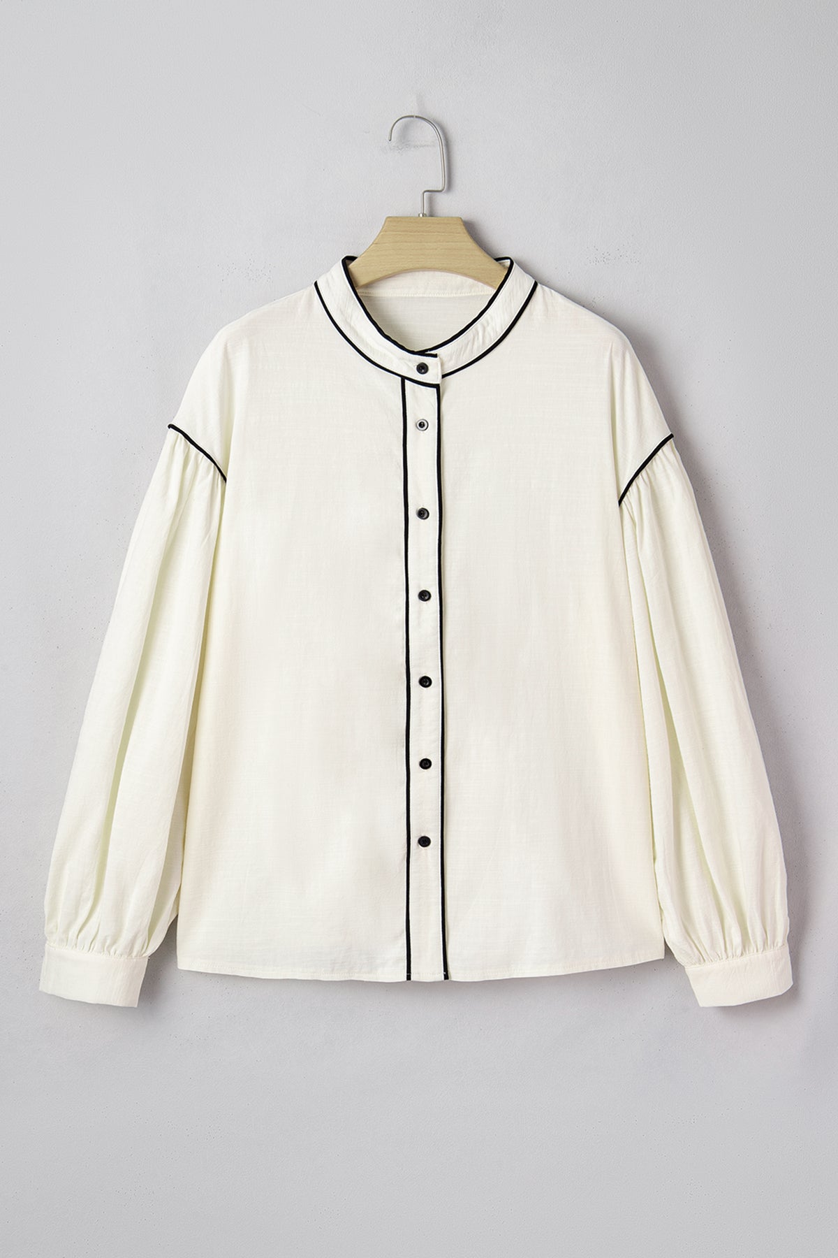 Beige Contrast Color Trim Button Down Long Puff Sleeve Shirt Online Only