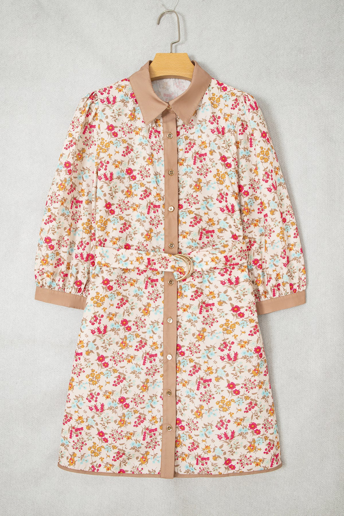 Orange Floral Print Color Block Trim Button Down 3/4 Sleeve Belted Mini Dress- Online Only