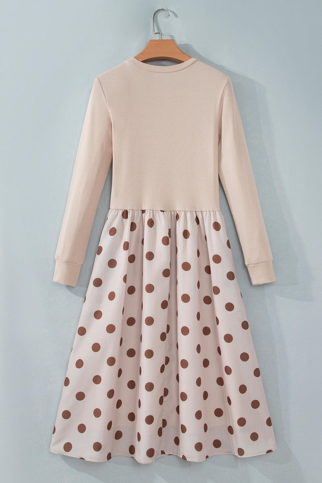 Beige Polka Dot Midi Long Sleeve Dress Online Only