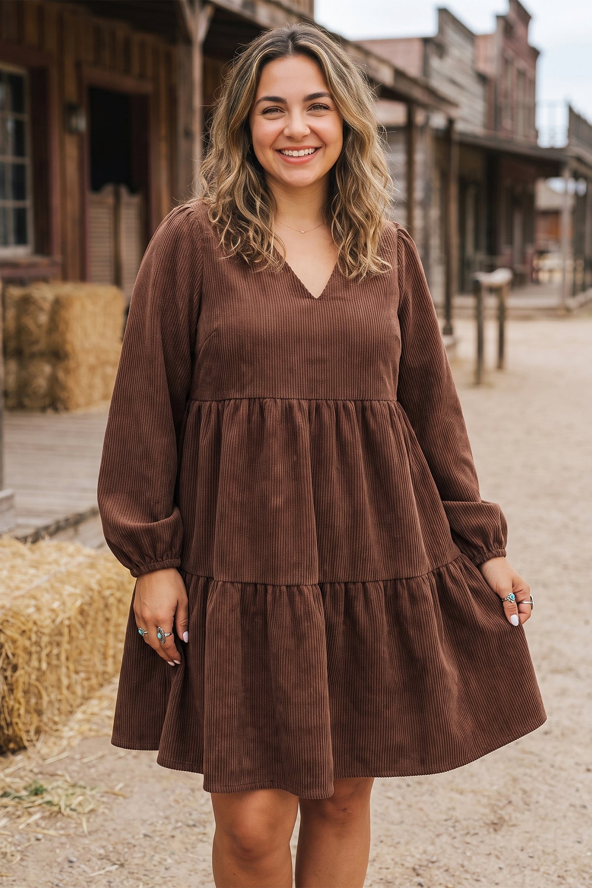 Coffee Winter Corduroy V Neck Long Sleeve Plus Size Mini Dress Online Only