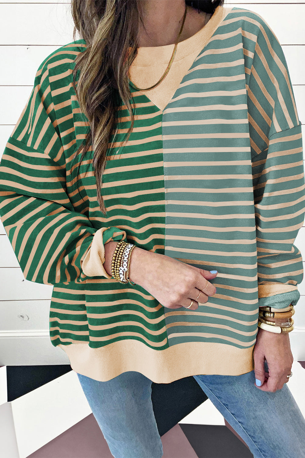 Brown Stripe Casual Stripe Colorblock Drop Shoulder Oversize Sweatshirt Online Only