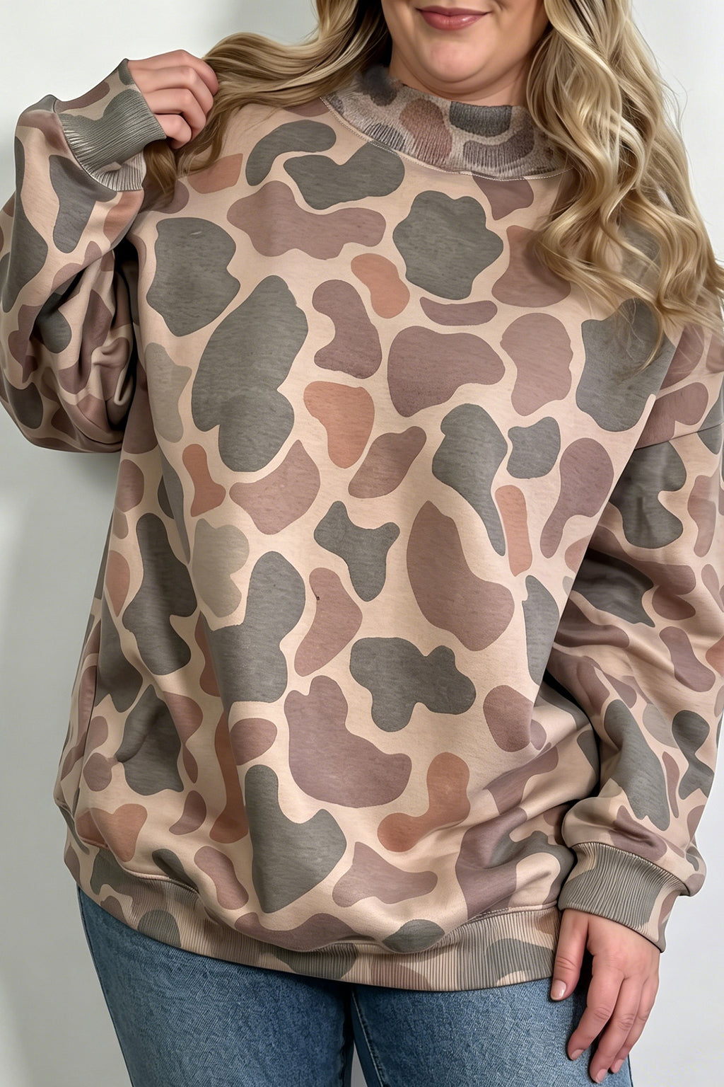 Multicolour Camo Print Ribbed Mock Neck Plus Size Sweatshirt Online Only