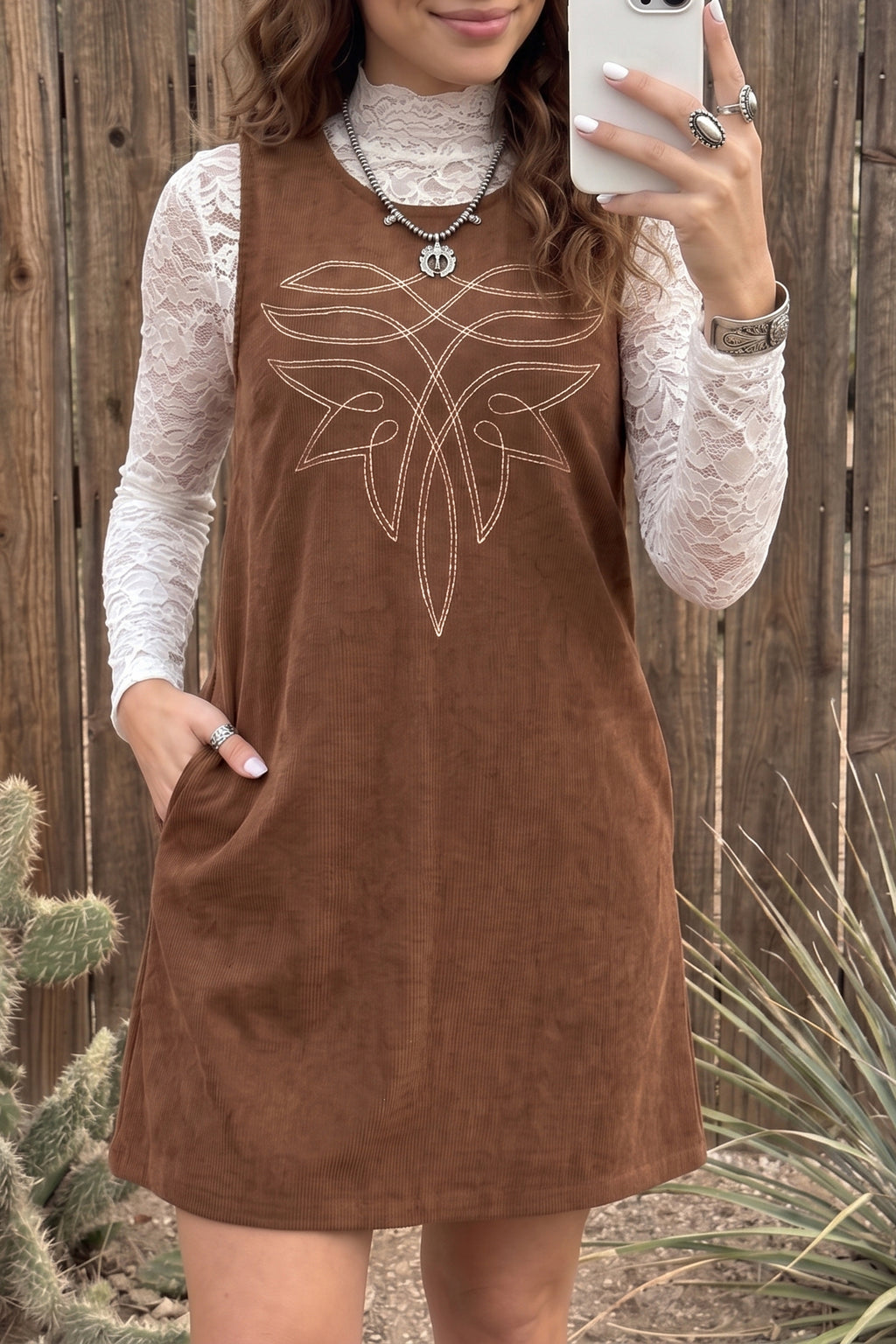Coffee Geometric Embroidery Sleeveless Corduroy Shift Dress Online Only