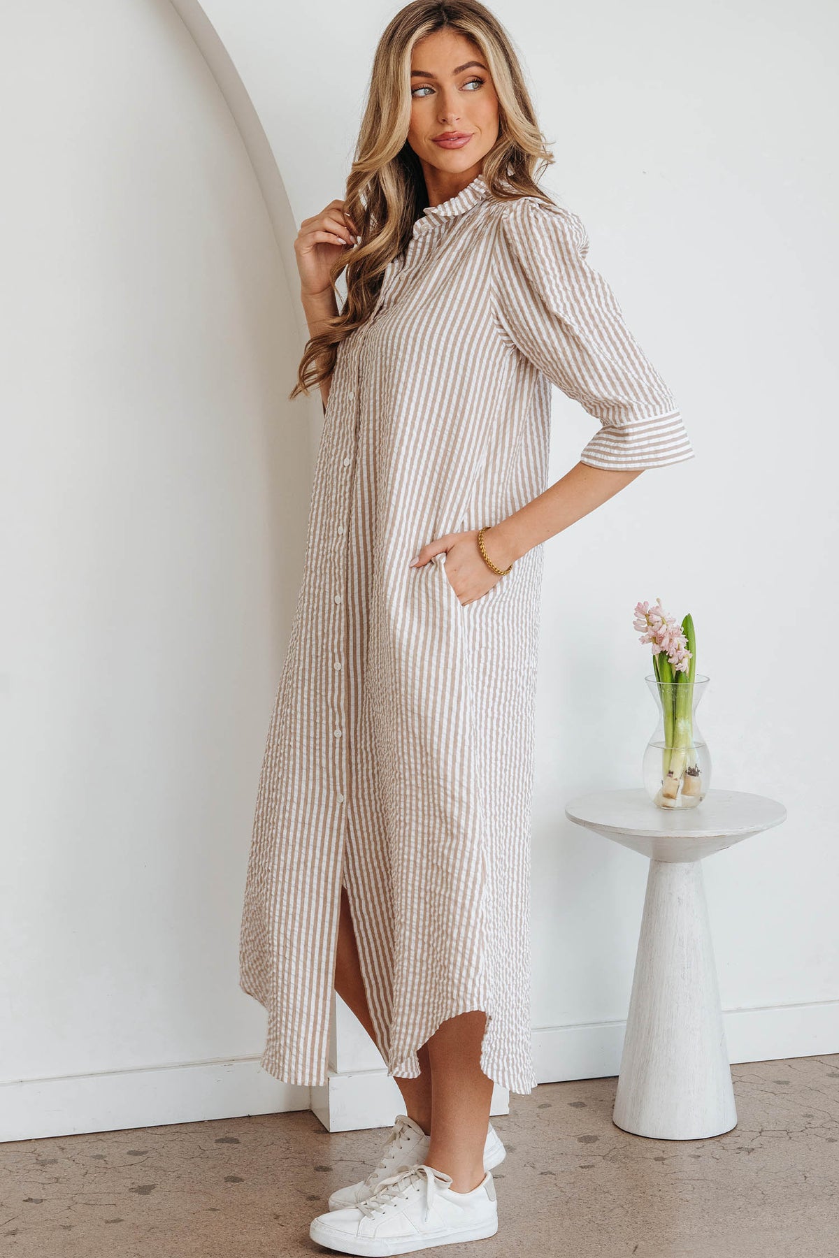 Khaki Stripe Frilled Collar Half Sleeve Shirt Maxi Dress Online Only
