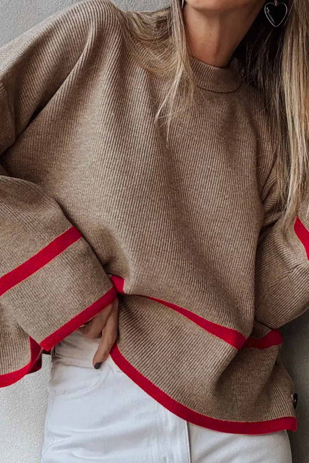 Simply Taupe Ribbed Knit Contrasted Stripe Detail Button Side Loose Sweater Online Only