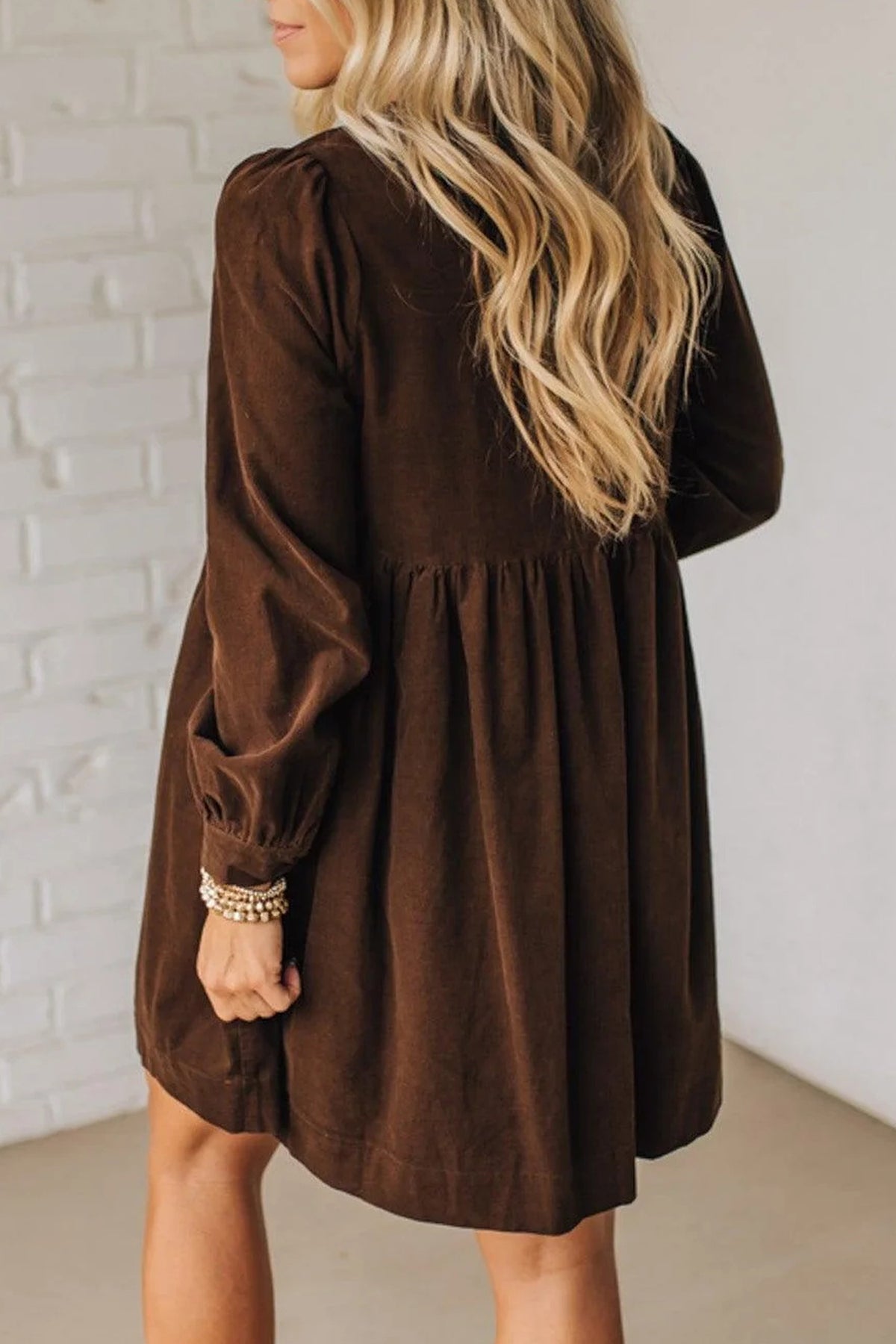 Coffee Bow Knot Front Long Sleeve Corduroy Mini Dress Online Only