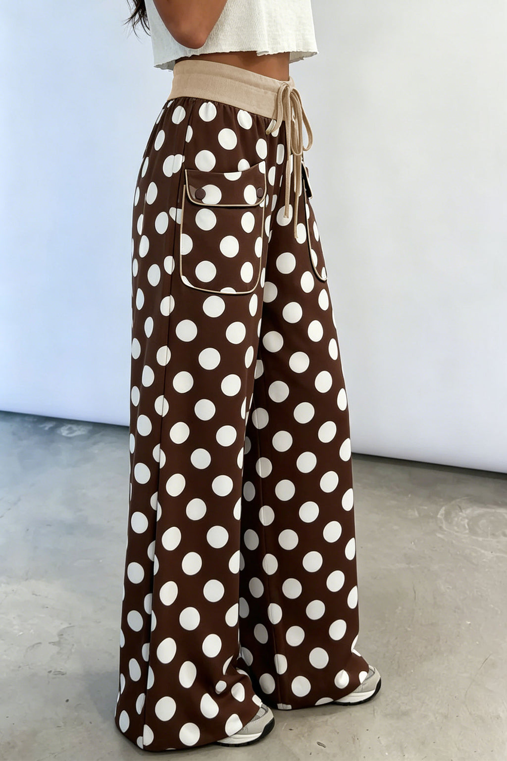 Khaki Polka Dot Drawstring Pocket Wide Leg Pants Online Only
