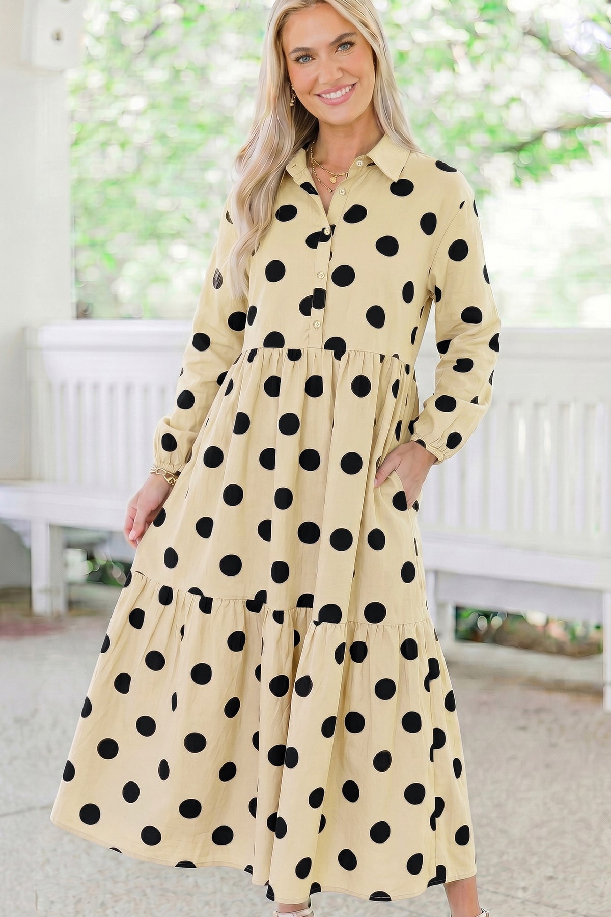 Brown Polka Dot Button Front Long Sleeve Shift Dress Online Only