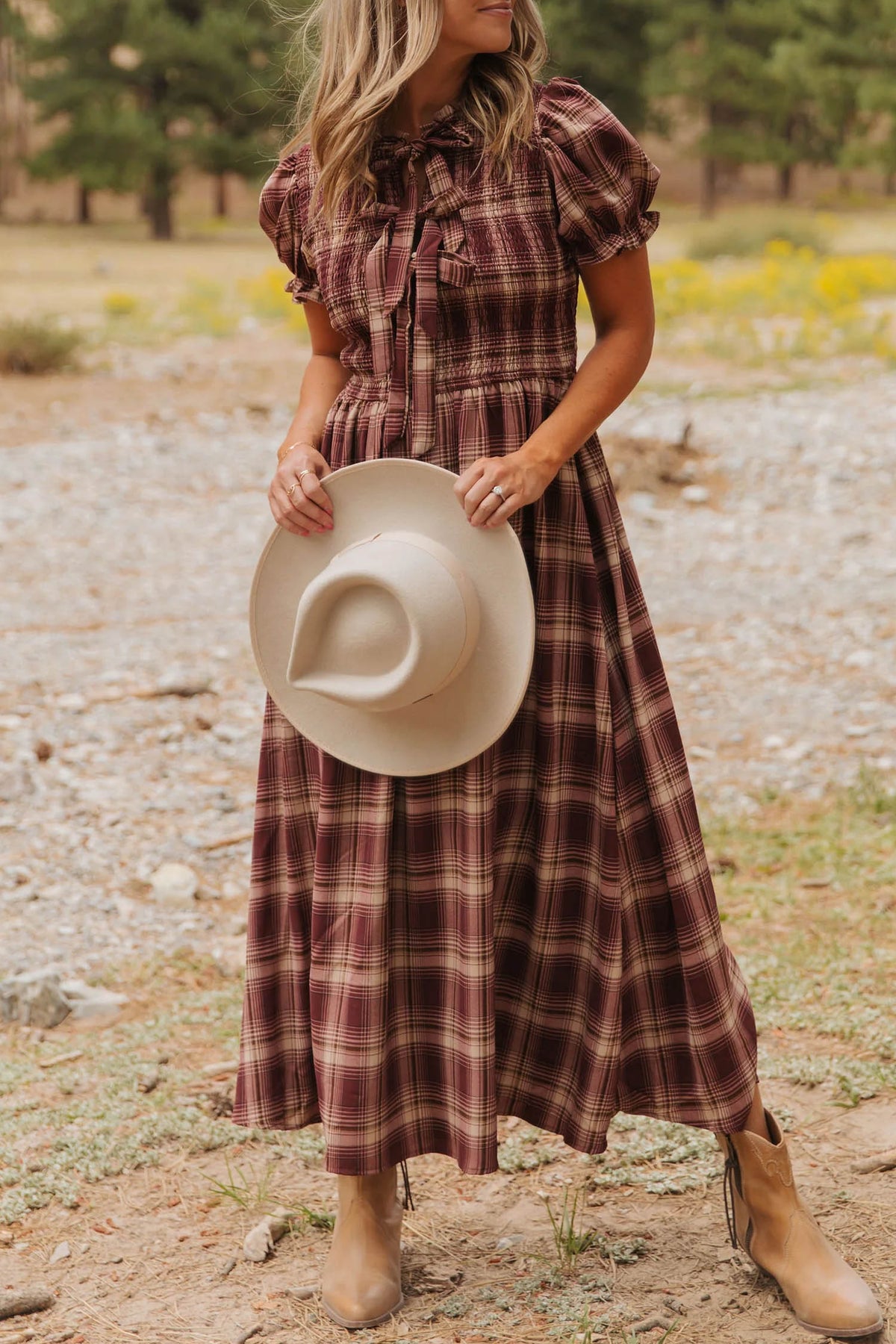 Red Vintage Plaid Knot Front Smocked High Waist Midi Dress- Online Only