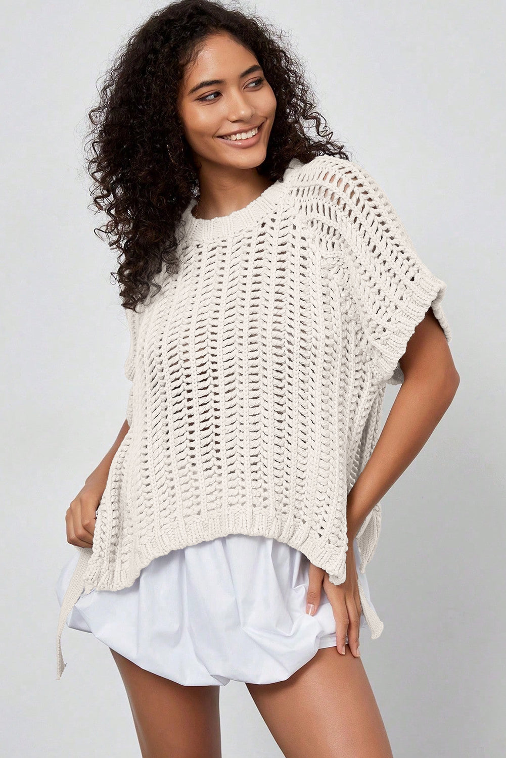 Apricot Plus Size Open Knit Bow Tie Short Sleeve Sweater Online Only