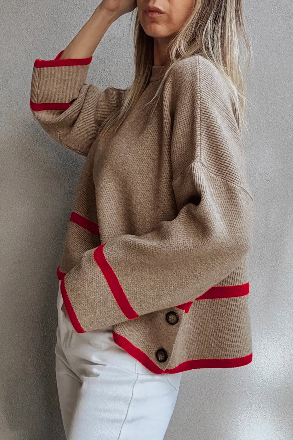 Simply Taupe Ribbed Knit Contrasted Stripe Detail Button Side Loose Sweater Online Only