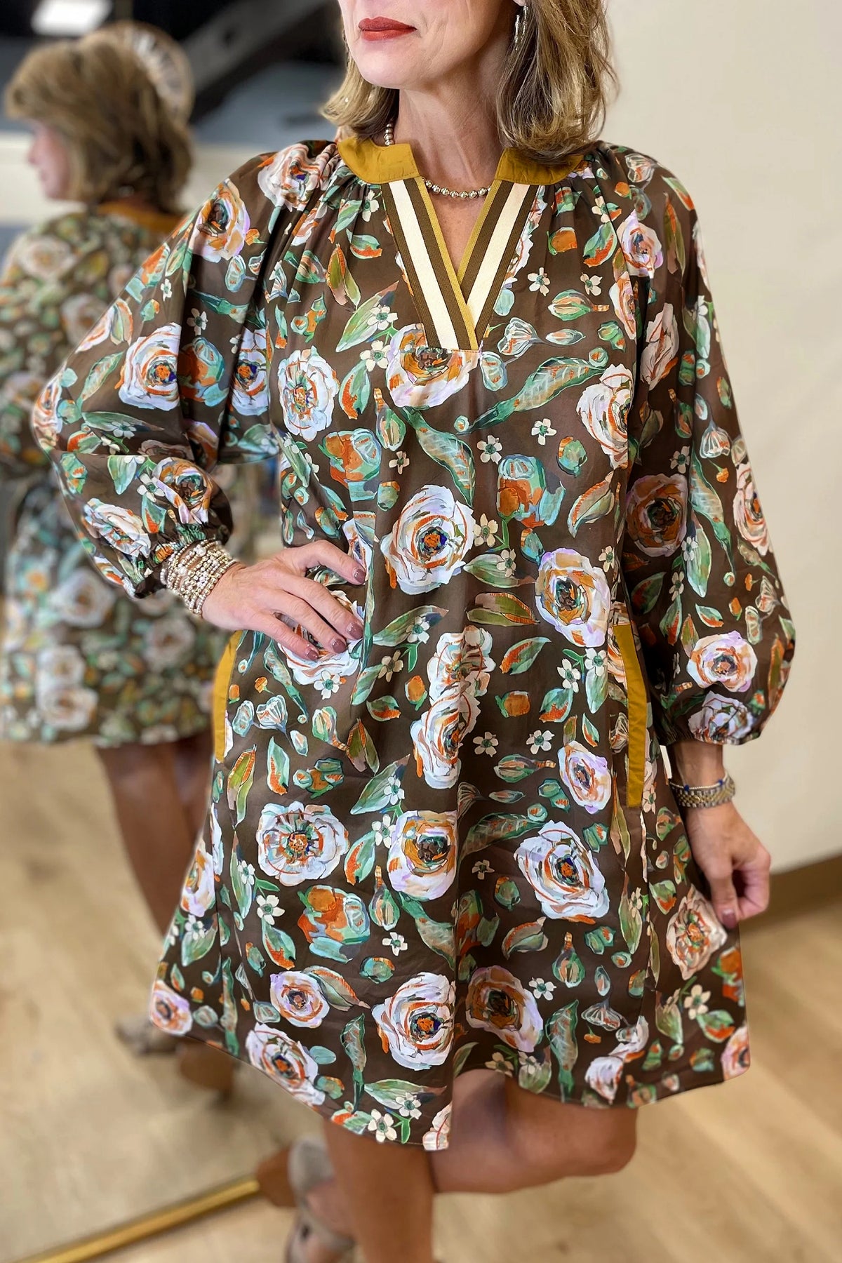 Brown Floral Print Contrast Trim V Neck Pocketed Long Sleeve Mini Dress Online Only