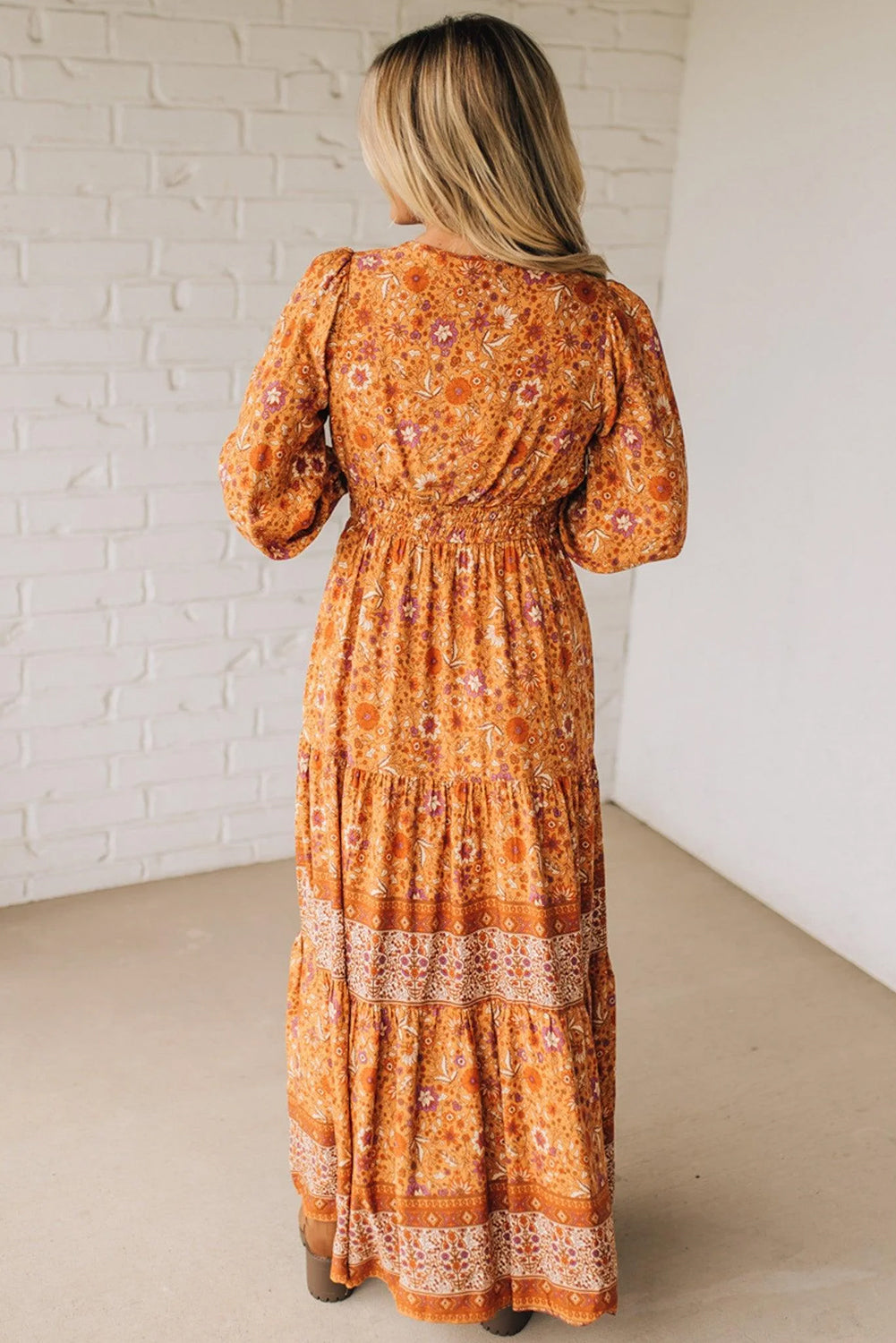 Orange Floral Print Smocked Waist Long Sleeve Boho Maxi Dress Online Only