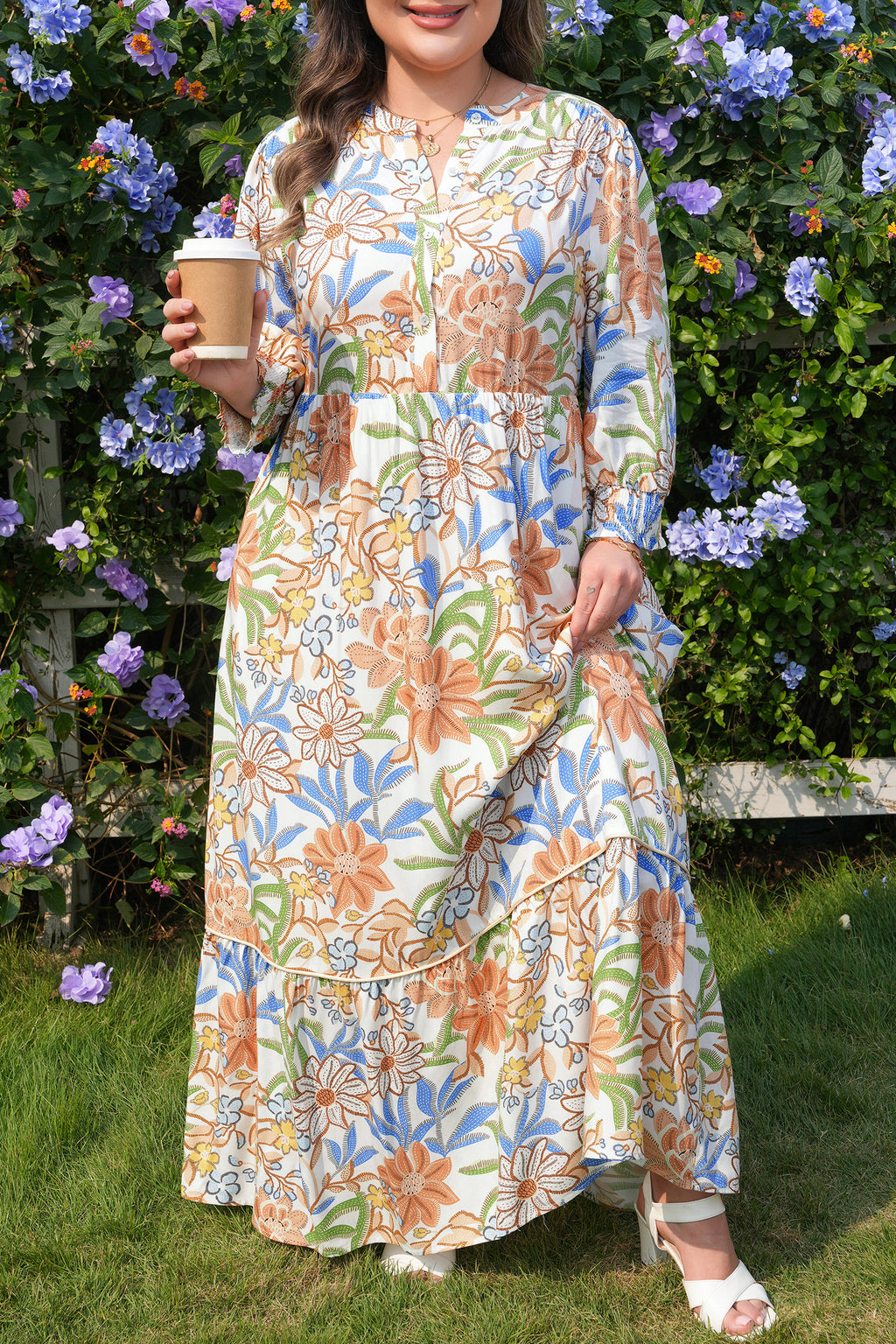 Khaki Floral Print 3/4 Sleeves Tiered Plus Size Long Dress Online Only