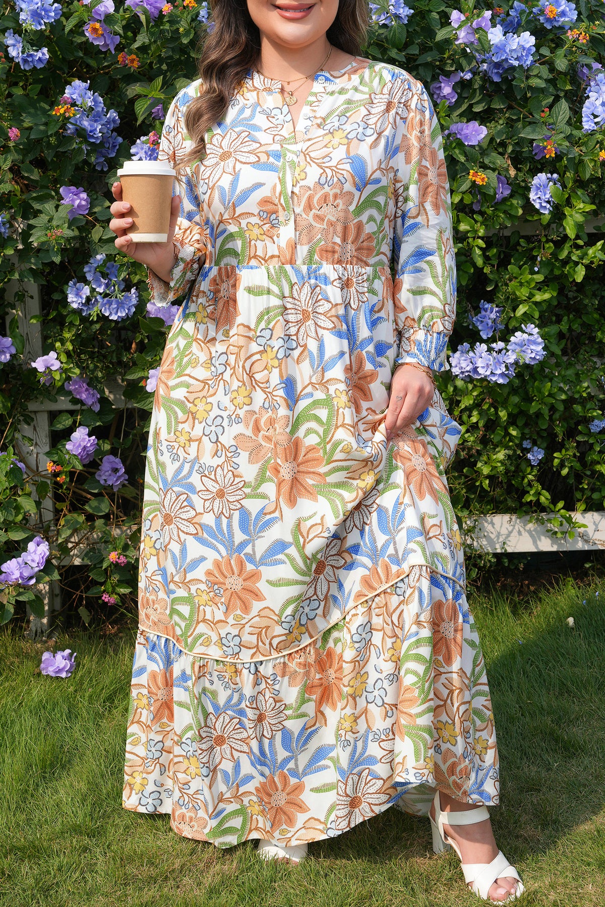 Khaki Floral Print 3/4 Sleeves Tiered Plus Size Long Dress Online Only