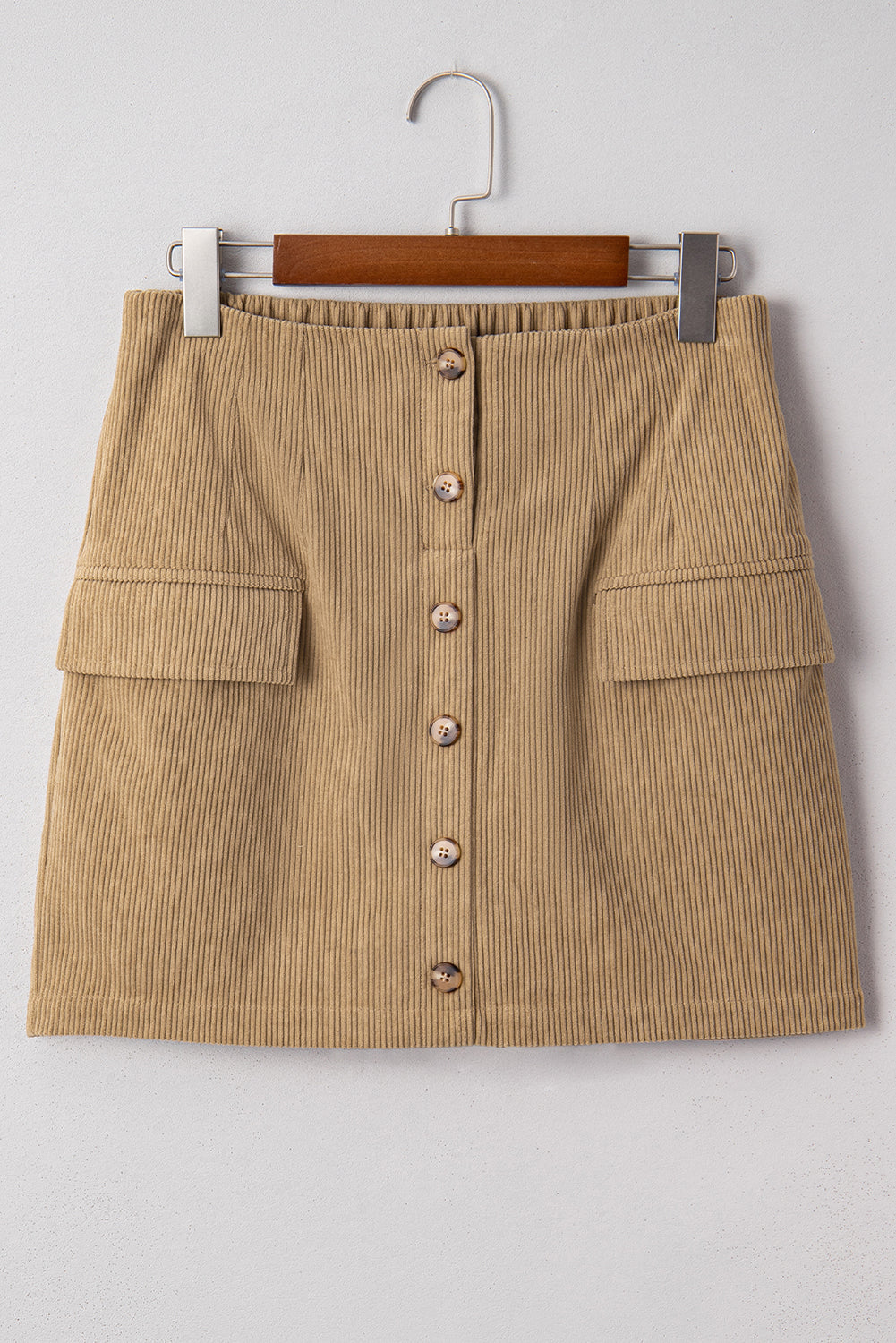 Camel Corduroy Buttoned Front Faux Pockets Mini Skirt Online Only