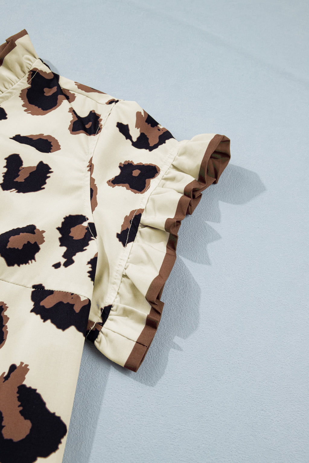 Khaki Plus Size Leopard Print Frilled Color Block Trim Button Down Short Sleeve Blouse Online Only